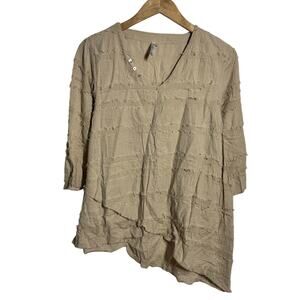 Lulu B Asymmetrical Cotton Top Women L Tan Boho Coastal Minimal Lagenlook